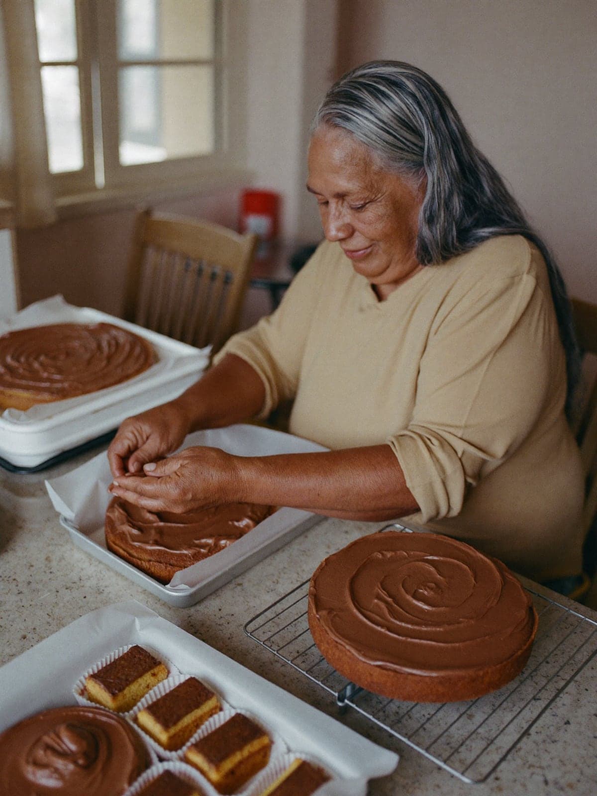 Confeiteira cobrindo bolos de cenoura com chocolate, com bandejas de doces na bancada.